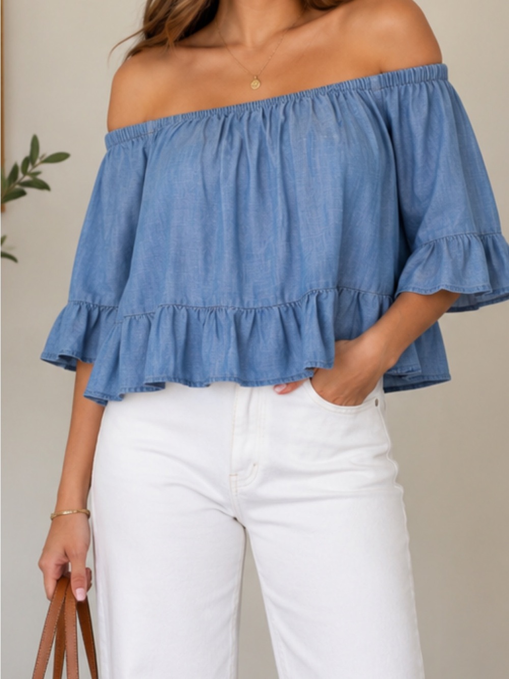 Gianni Bini Light Blue Off-Shoulder Ruffle Tunic